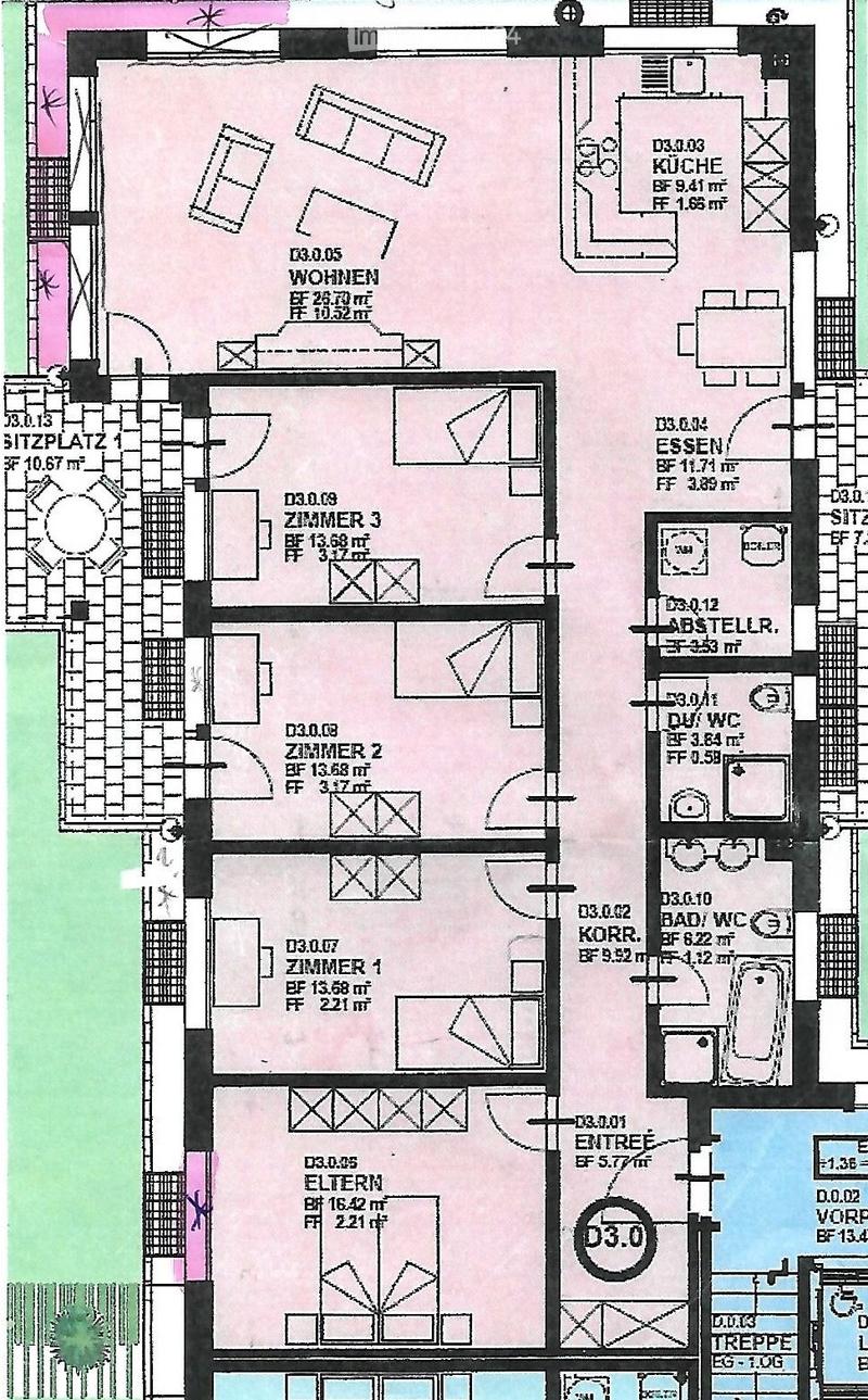 Floor plan of a residential space with multiple rooms including a kitchen, living area, dining area, three bedrooms, a bathroom, hallway, and entrance.