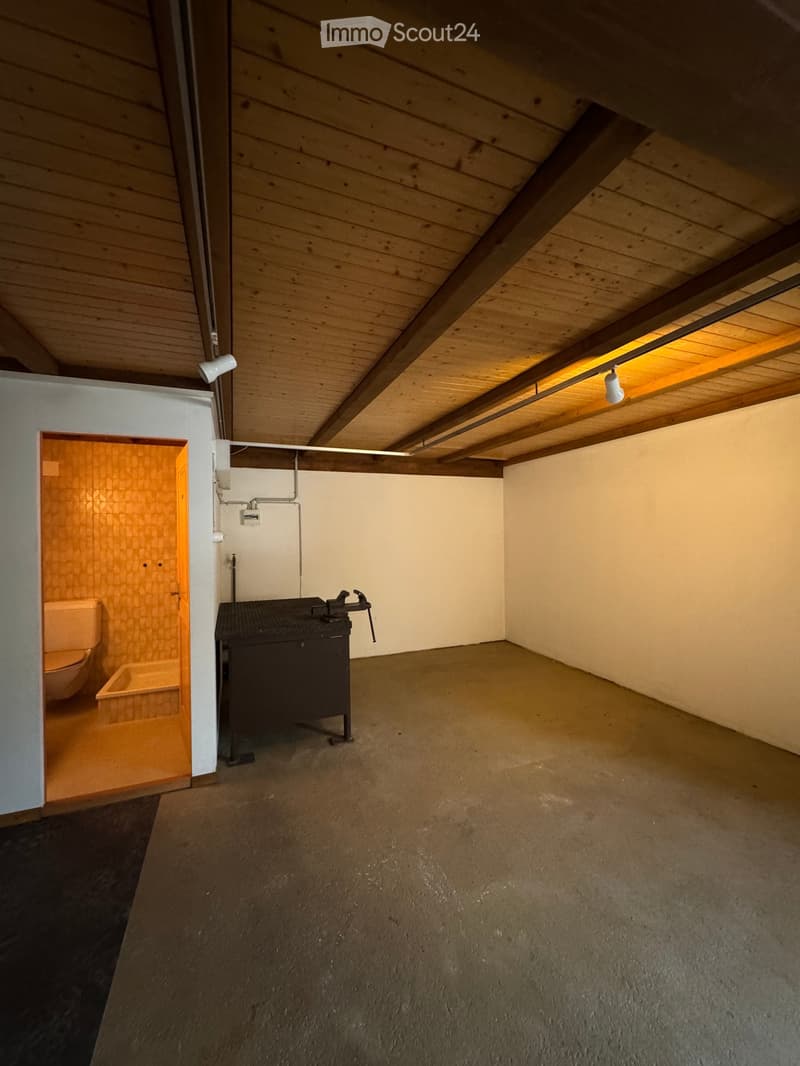 Empty room with exposed wooden beams on the ceiling, concrete floor, and a small adjacent bathroom area with a toilet and bathtub.