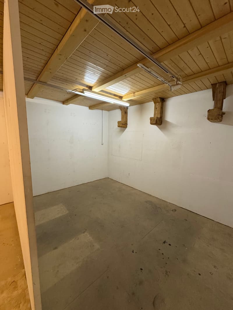 Empty room with exposed wooden beams and concrete floor, white walls, and minimal lighting.