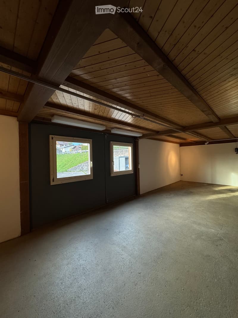 Empty attic space with wooden beams, concrete floor, and two windows offering natural light.