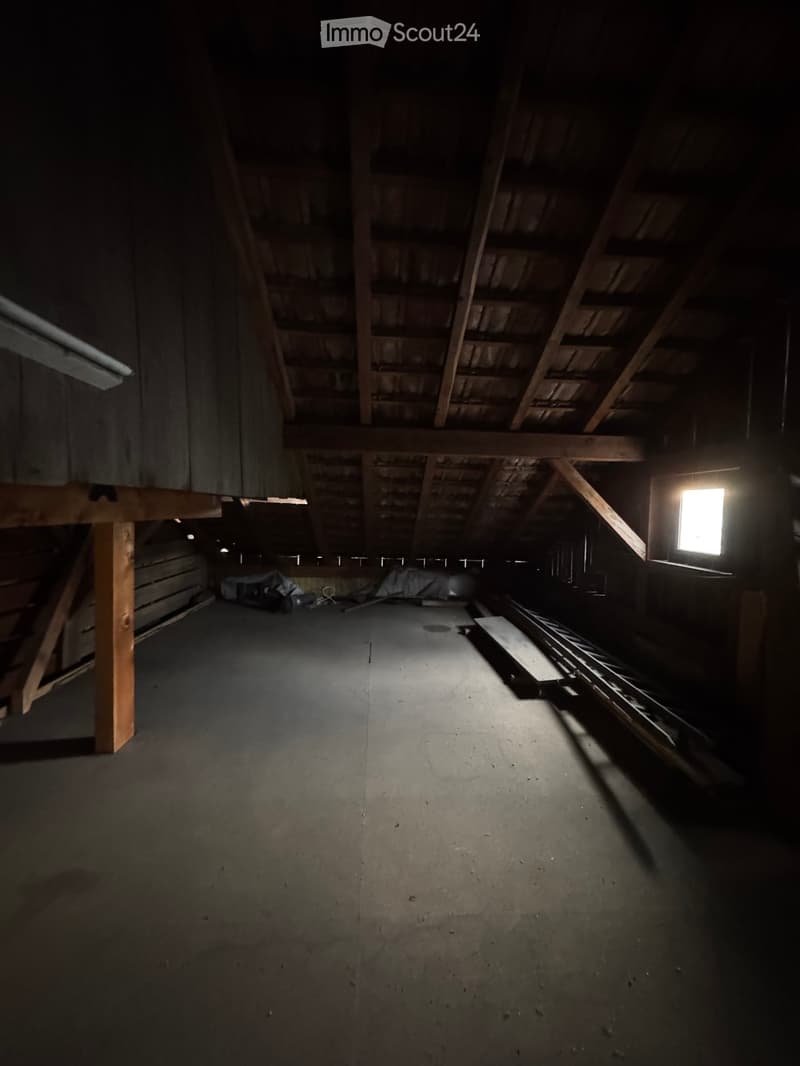 Empty attic space with exposed wooden beams and a concrete floor, minimal lighting from a small window.