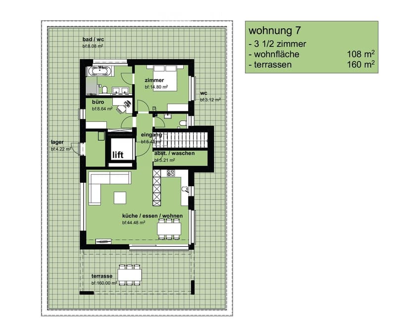 Floor plan of a 3.5-room apartment with a total living area of 108 m² and terraces totaling 160 m². Layout includes a kitchen/dining/living area, bedroom, office, bathroom, WC, storage/laundry area, and a terrace.