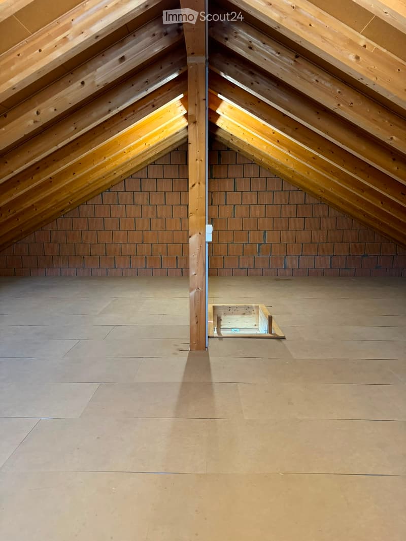 Empty attic space with exposed wooden beams and tiled walls, featuring a concrete floor and a small skylight window.