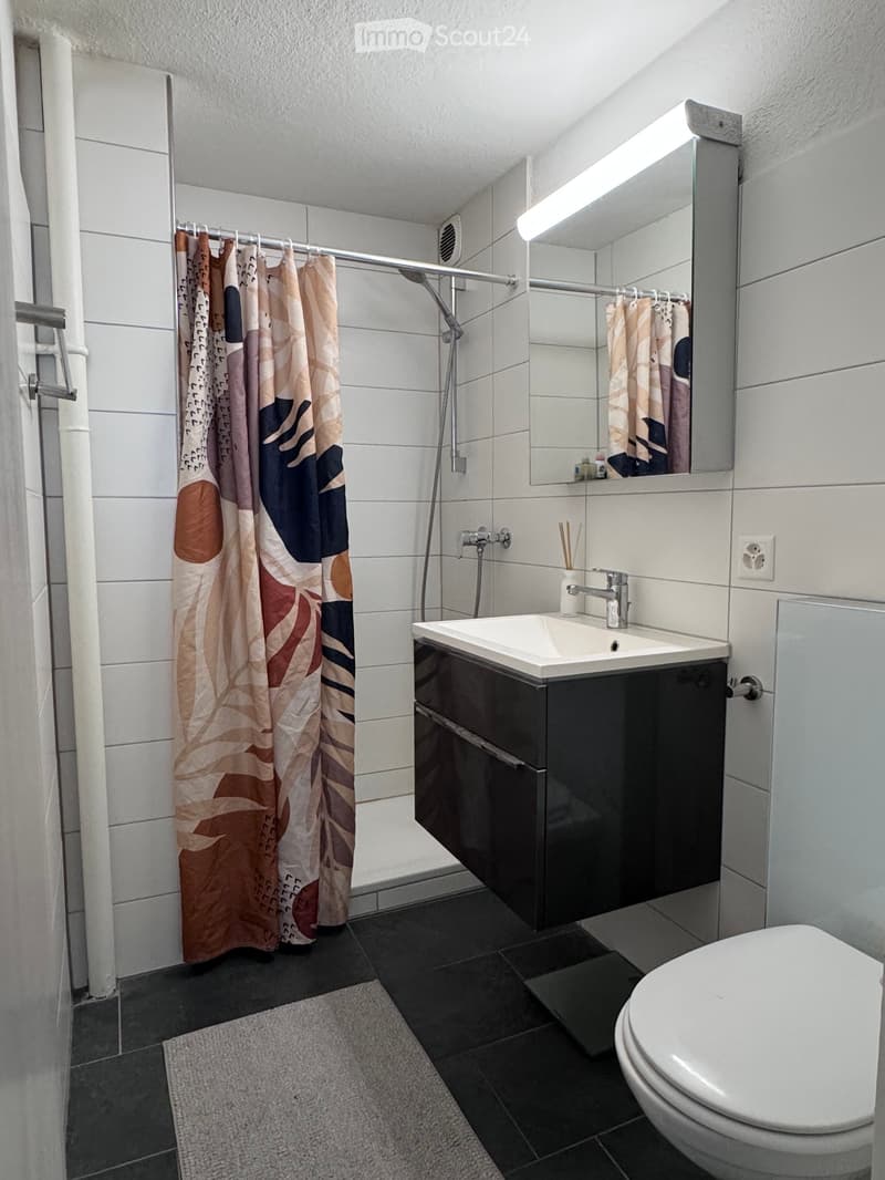 Modern bathroom with white tiles, dark grey cabinet, shower with curtain, sink, toilet, and mirror.