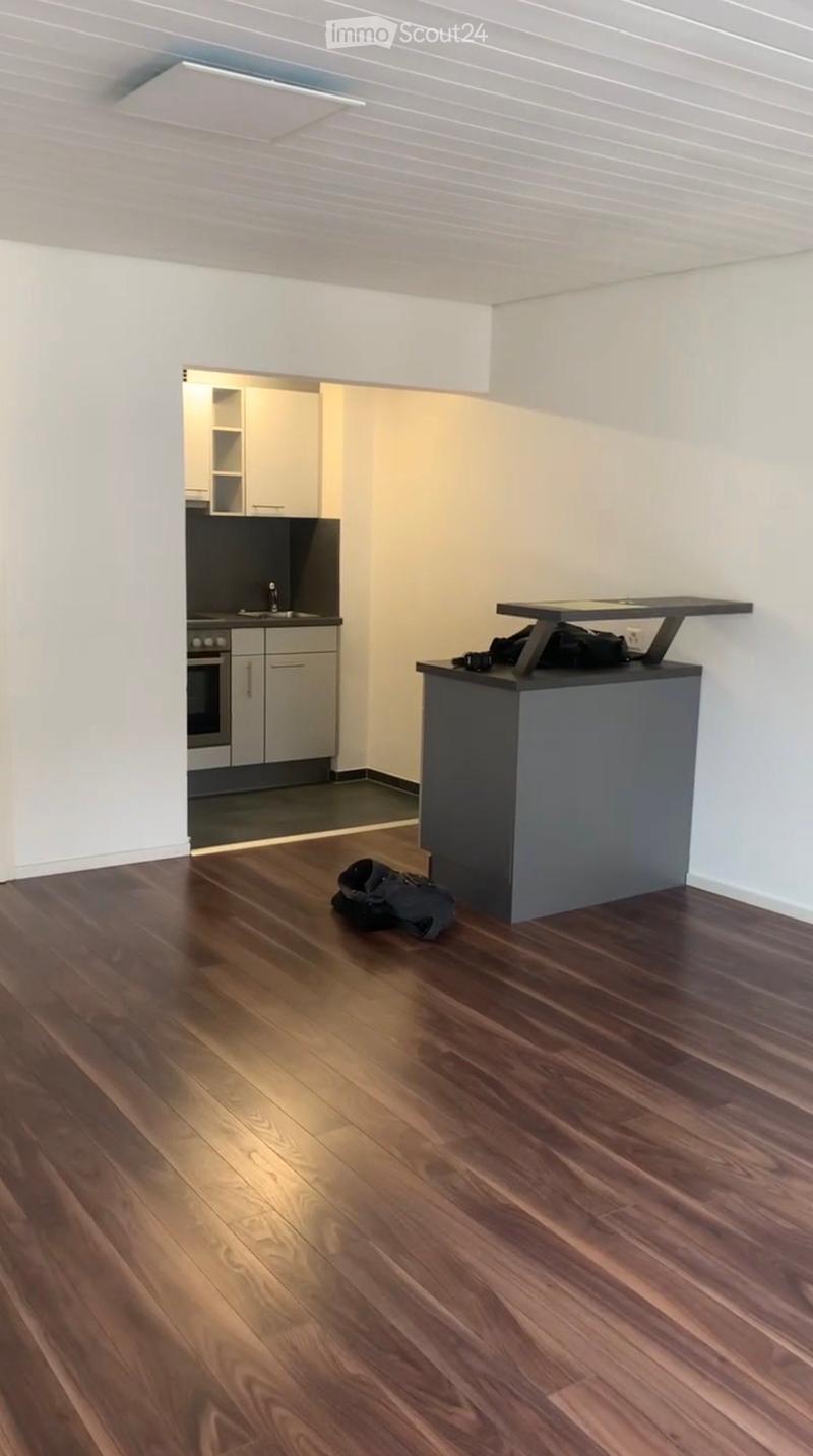 Open-plan living and kitchen area with wooden flooring, grey cabinets, and a small table with items on it.
