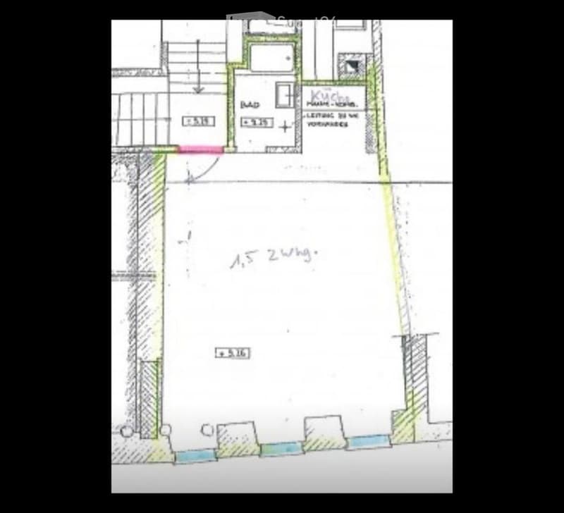 Floor plan showing a kitchen, living room, and two bedrooms with dimensions and labels.
