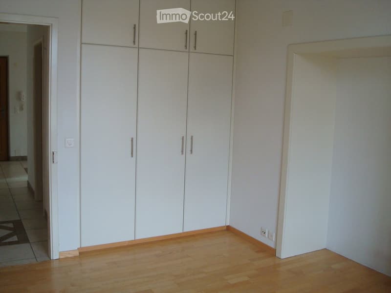 empty room, white walls, wooden floor, large white wardrobe, power outlet