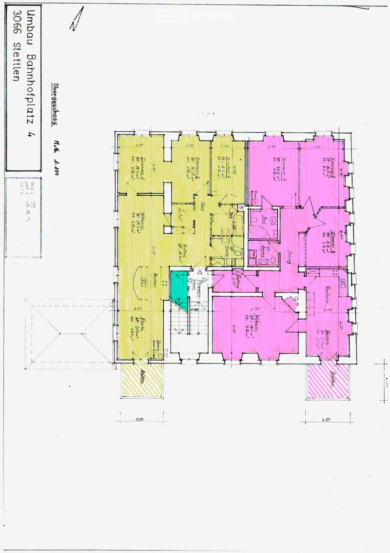 Floor plan with multiple rooms, including living room, kitchen, bedrooms, bathrooms, and balconies