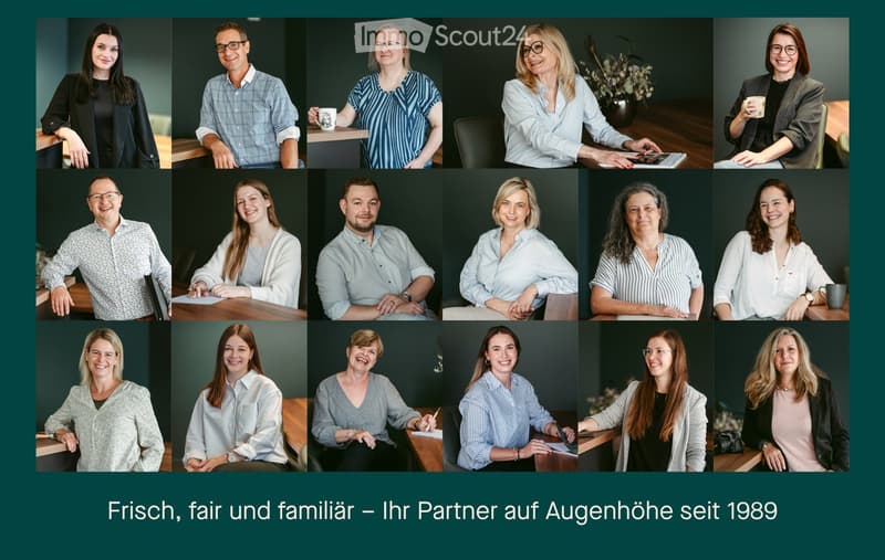 A collage of professional portraits of individuals in a corporate setting, with some seated at tables holding cups or laptops, and a vase with flowers in the background.