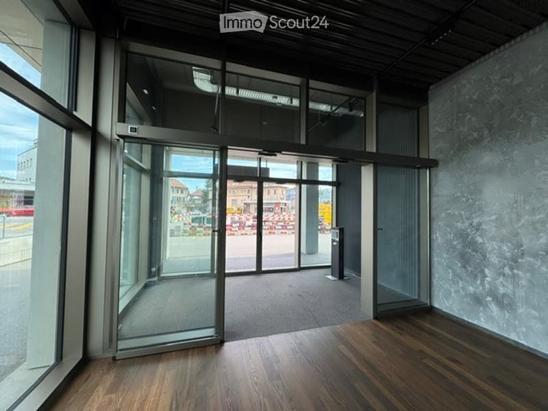 Modern hallway with large glass doors leading outside, polished wooden flooring, and a clean, minimalist design.