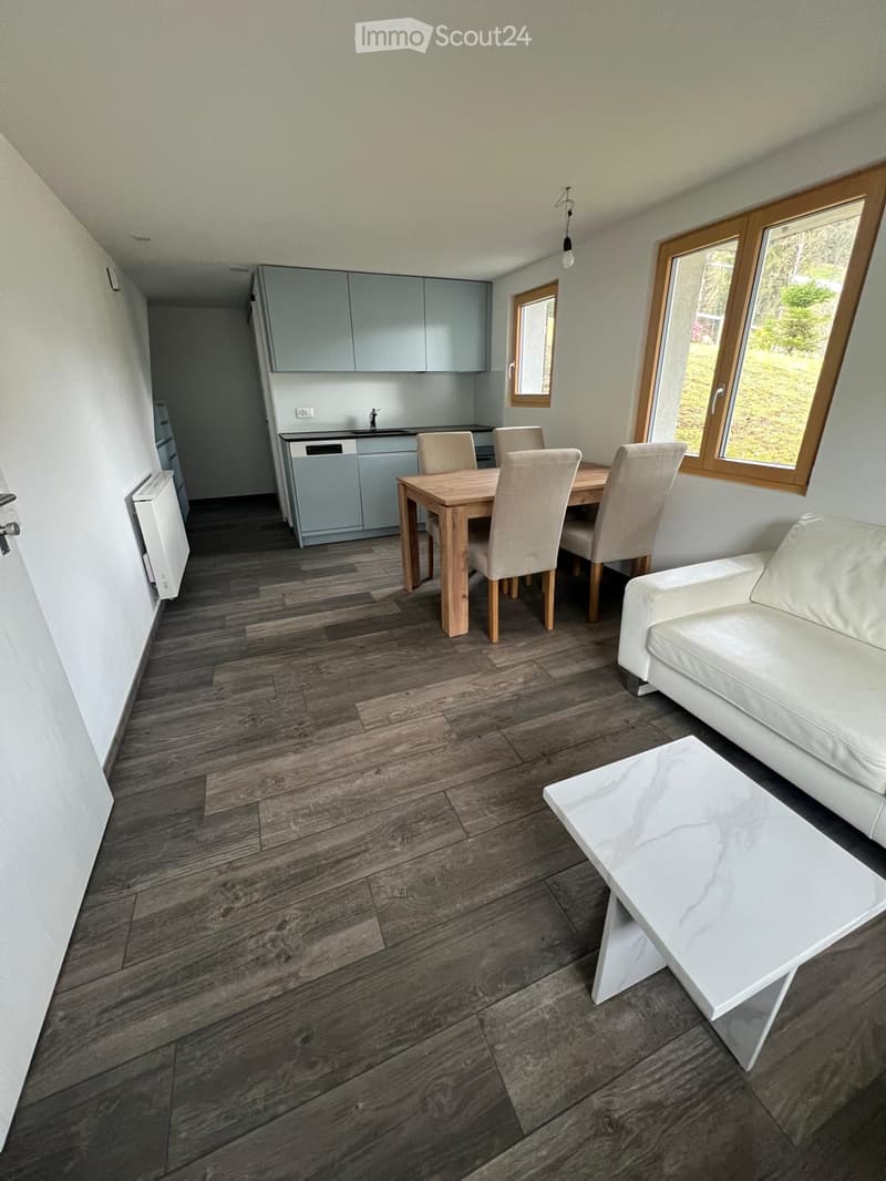 Open-plan living and dining area with a white sofa, marble coffee table, wooden dining table, and chairs. The kitchen features grey cabinets and a dishwasher.