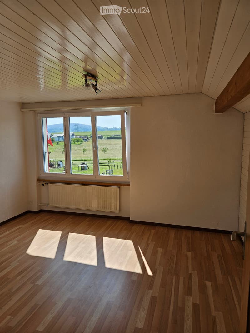 Empty room with wooden flooring, white walls, and large windows offering a view of a green landscape. The room features a radiator and a ceiling light fixture.