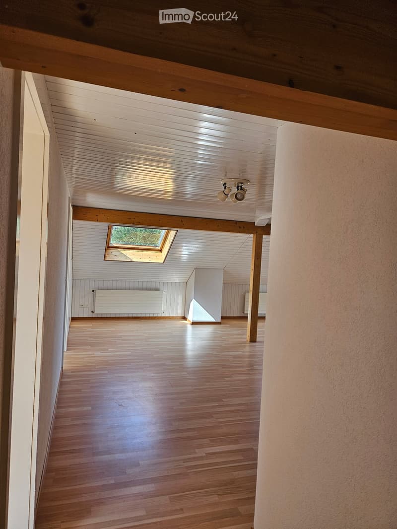 Empty room with wooden flooring, white walls, exposed wooden beams, and a skylight window bringing in natural light.