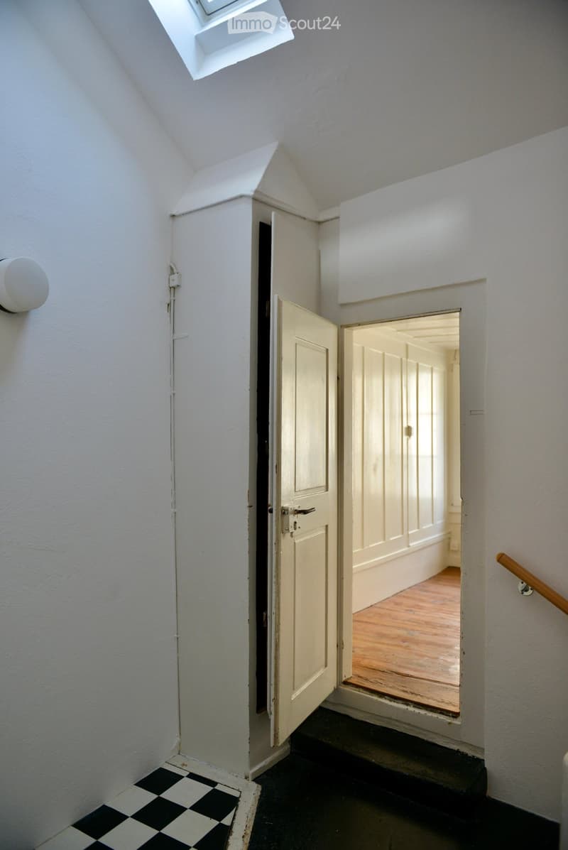 An empty room with an open door leading to wooden floor, closed cabinets, white walls and ceiling, and a skylight window.