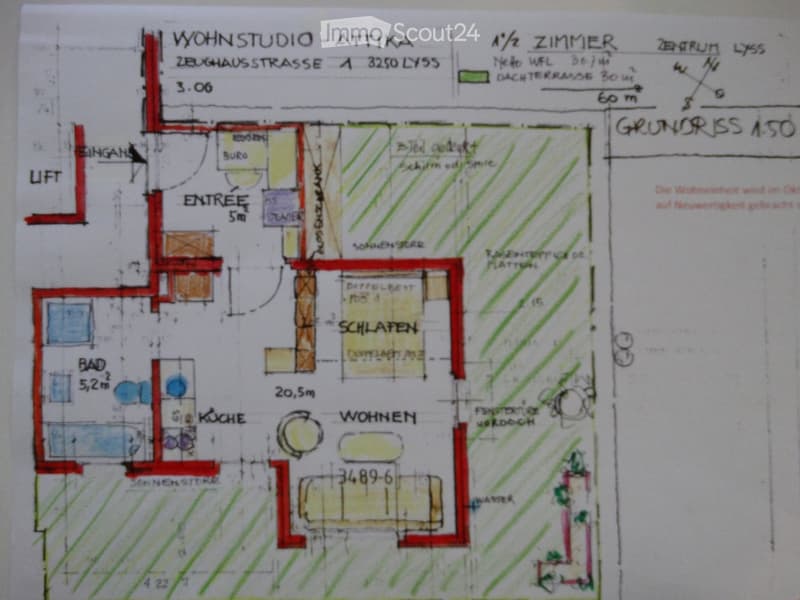 Floor plan of a residential unit showing a living area, bedroom, kitchen, bathroom, entrance, and balcony.