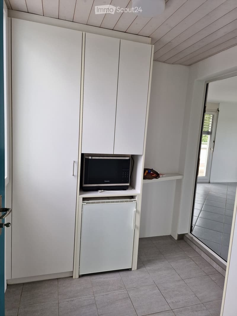 Compact kitchen area with white cabinets, microwave, small refrigerator, and a shelf with items.