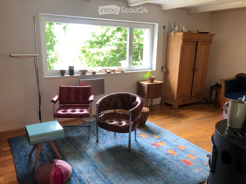 Living room with wooden flooring, large window, two leather chairs, a blue rug, a small table with a plant, and a cabinet with decorative items on top.