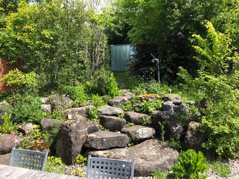 Garden with large rocks, lush greenery, and a small shed in the background.