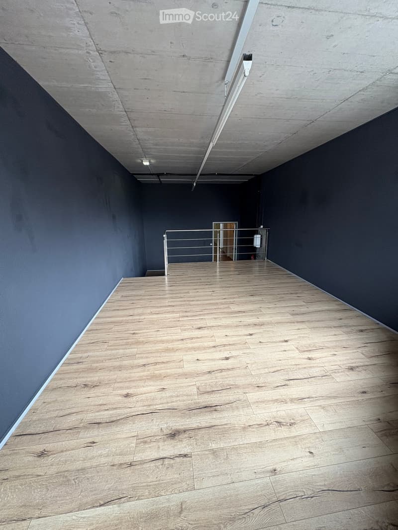 Empty room with wooden flooring, dark walls, and a metal railing leading to another area.