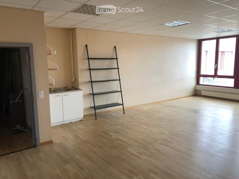 Empty room with wooden flooring, white walls, and a small kitchenette area with cabinets and a countertop. A tall, black metal shelving unit is positioned against one wall, and a window with red frames is visible on the right side.