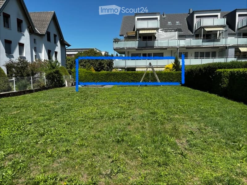 Well-maintained lawn in a residential area with neighboring houses and a visible balcony in the background.
