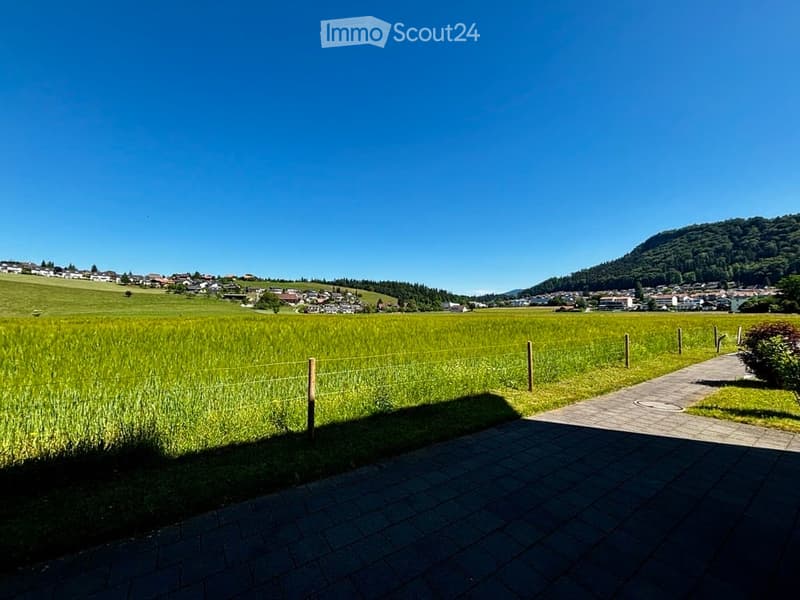 A peaceful rural landscape with a vast green field, a small village in the distance, and a clear blue sky. A paved pathway leads through the field, bordered by a simple wooden fence.