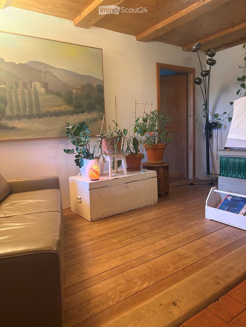 Cozy living room with wooden flooring, a cream-colored sofa, a white trunk table holding potted plants and a lamp, and a painting on the wall.
