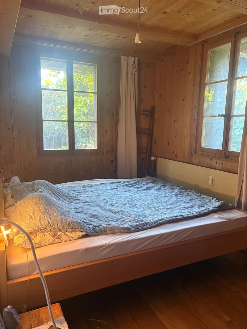 Cozy wooden bedroom with a large bed, wooden walls, and large windows letting in natural light.