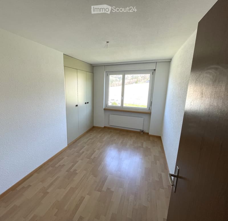 Empty room with wooden flooring, white walls, a window with a radiator below, and a closed white closet door.