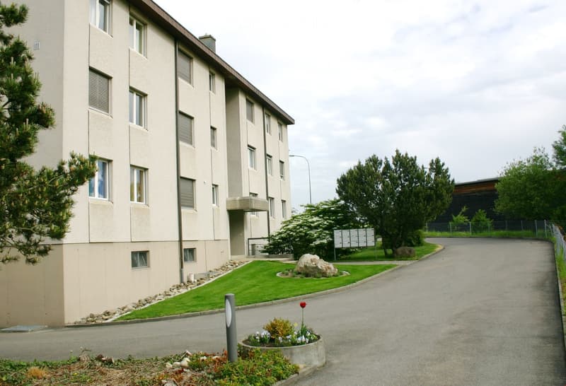 Multi-story residential building with beige facade, multiple windows, and a landscaped entrance area with greenery and a small garden bed.