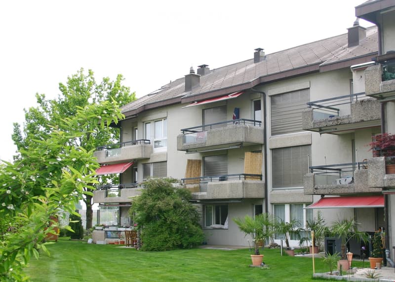 Multi-story residential building with balconies, large windows, and surrounding greenery including a well-maintained lawn and potted plants.