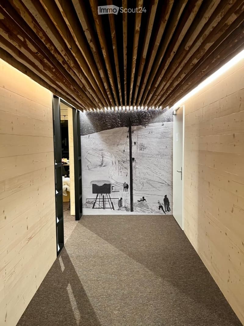 Modern hallway with wooden panel walls and ceiling, carpeted floor, and a large mural of a snowy landscape on one wall.