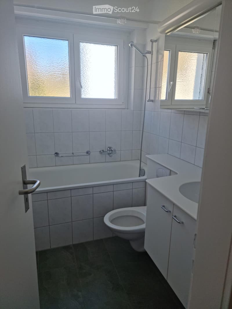 Modern bathroom with white tiles, bathtub, toilet, sink, and cabinet. Features frosted windows and a showerhead.
