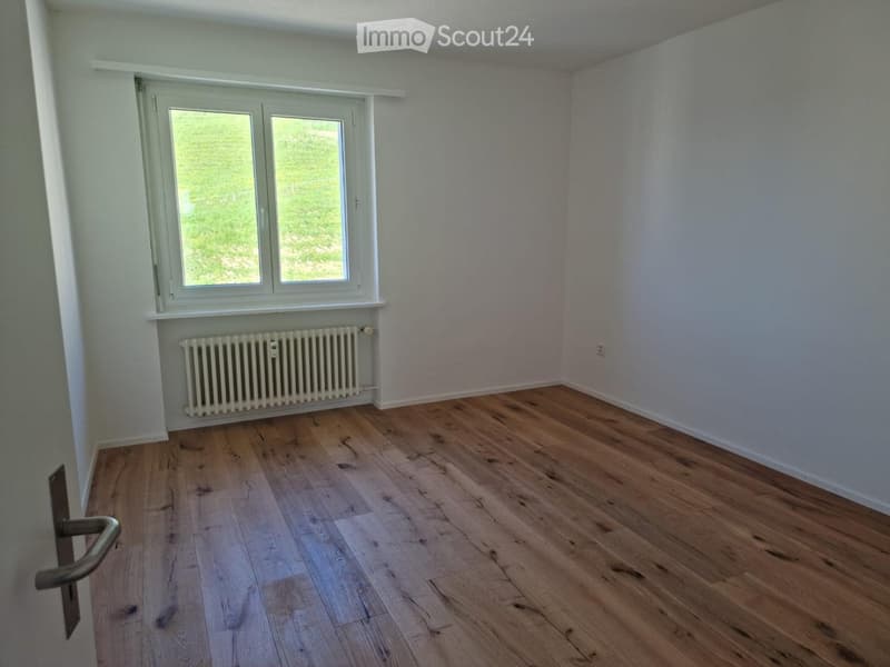 Empty room with light wooden flooring, white walls, a window with white frame, and a radiator below the window.