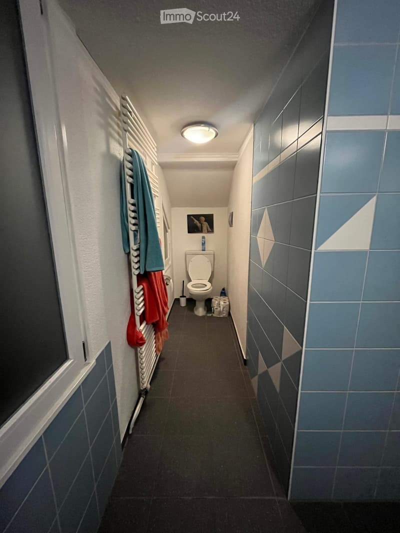 Narrow bathroom with a toilet, towel rack with towels, and a picture frame on the wall.