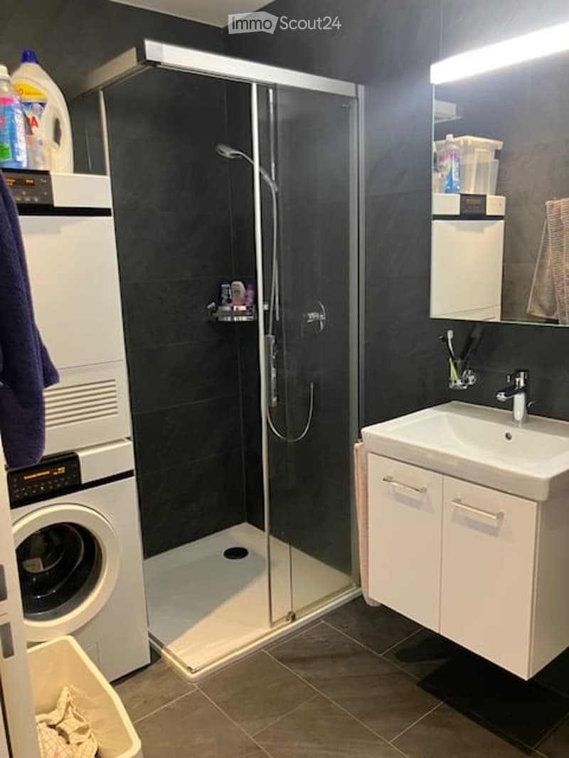 Modern bathroom with a glass-enclosed shower, white sink cabinet, and a washing machine. Dark tiled walls and floor, with a towel hanging on the side.