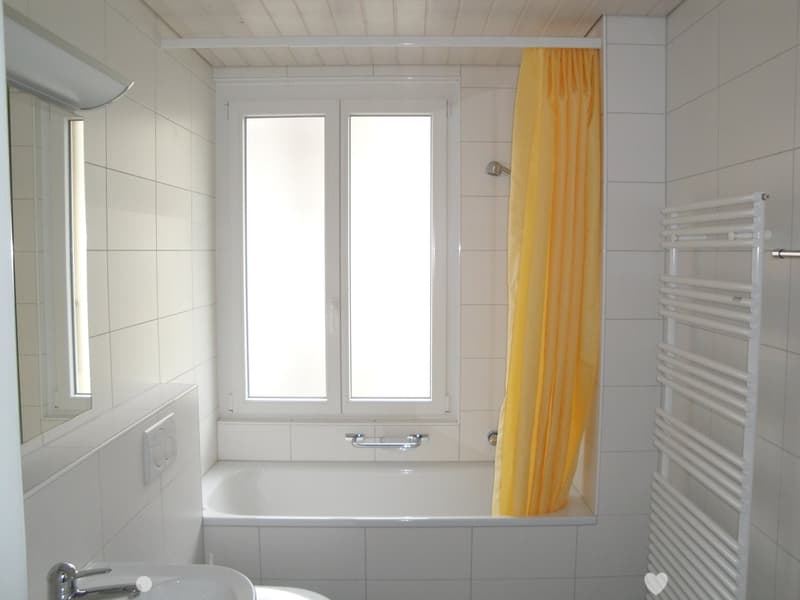 Modern bathroom with a bathtub, shower curtain, radiator, mirror, and a window above the tub.
