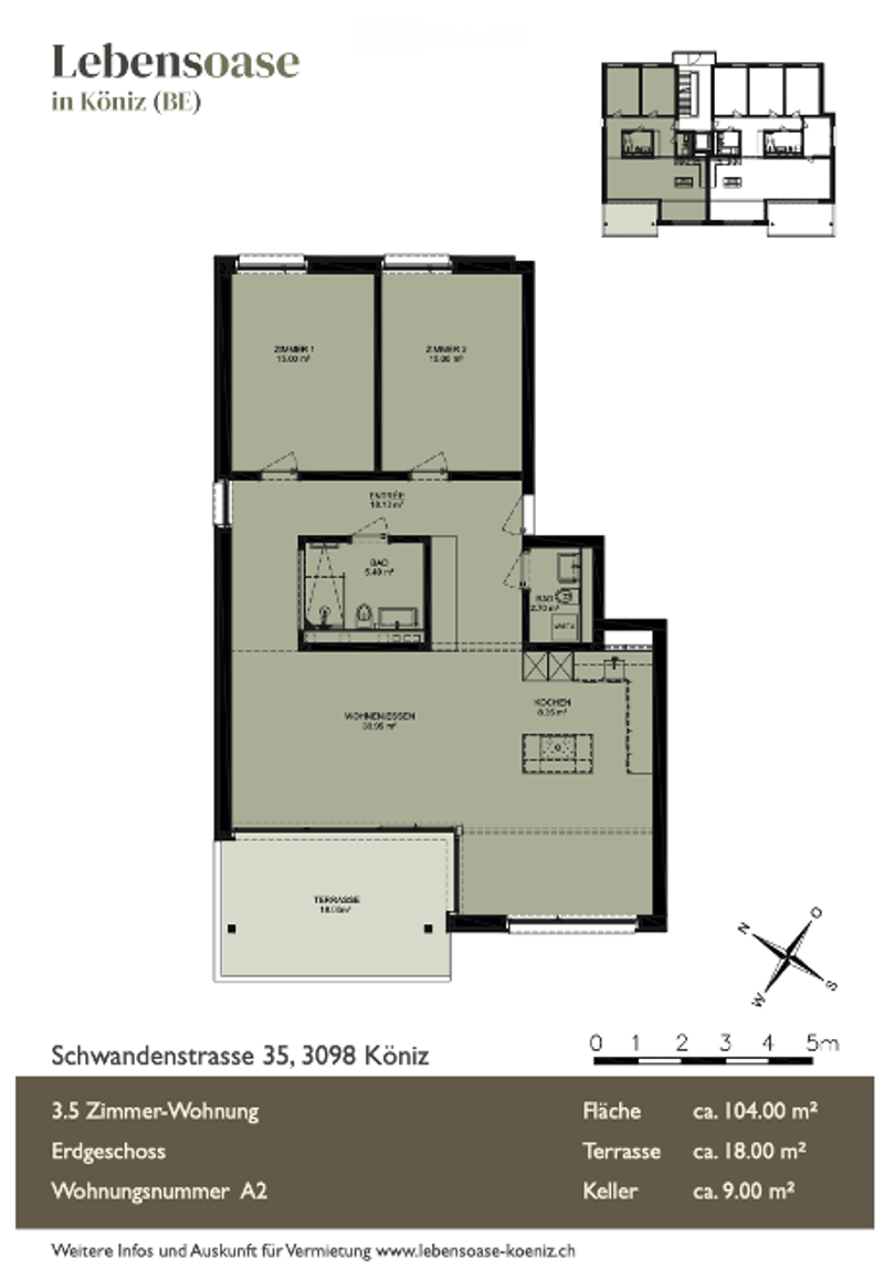 Floor plan of a 3.5-room apartment in Köniz, showing living room, kitchen, 2 bedrooms, 2 bathrooms, balcony, and terrace.