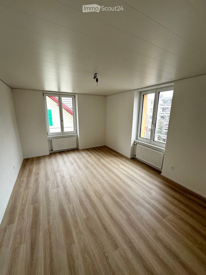 Empty room with light wooden flooring, white walls, and two windows with radiators below them.