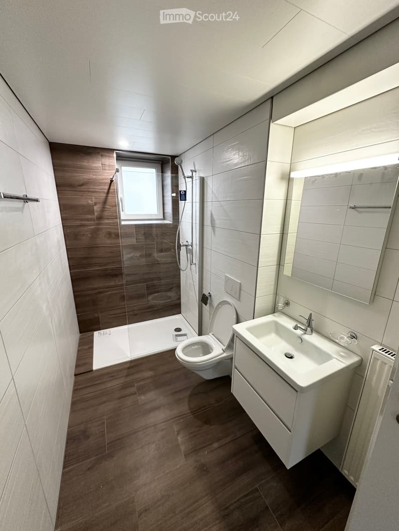 Modern bathroom with wooden flooring, white tiles, a toilet, a sink with a mirror, and a glass-enclosed shower area.