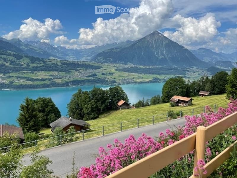 Scenic view of a lake and mountains from a balcony, with pink flowers in the foreground and a road leading down the hill.