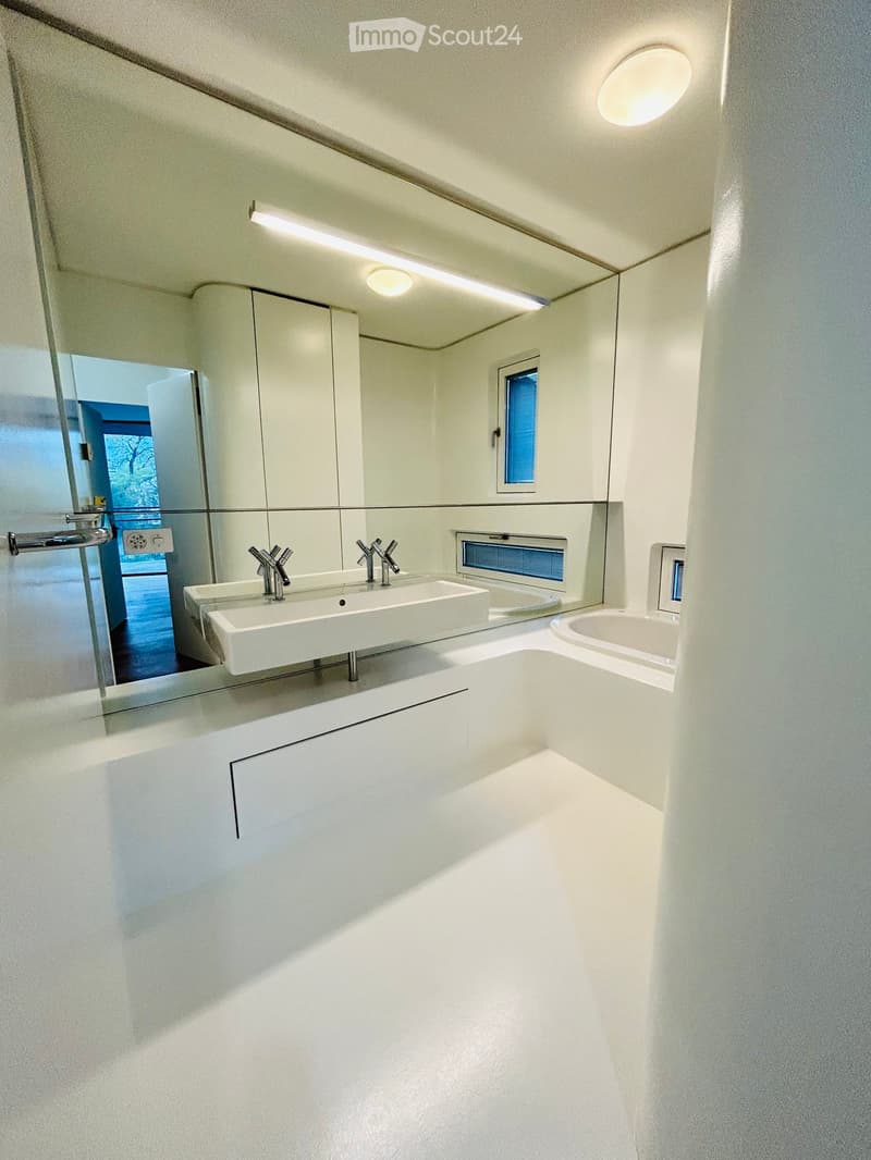 Modern bathroom with white walls, a double sink, bathtub, large mirror, and built-in cabinets.