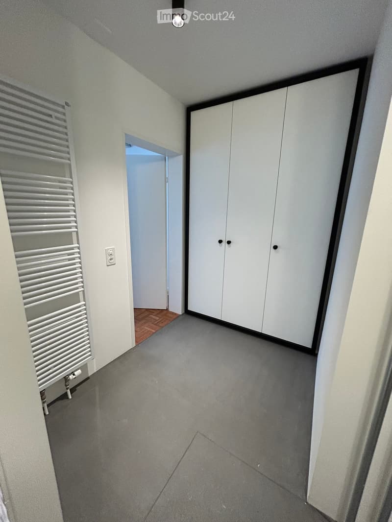 Modern hallway with grey carpeted floor, white walls, built-in white closet with black trim, radiator on left side, and a doorway leading to another room with wooden flooring visible.