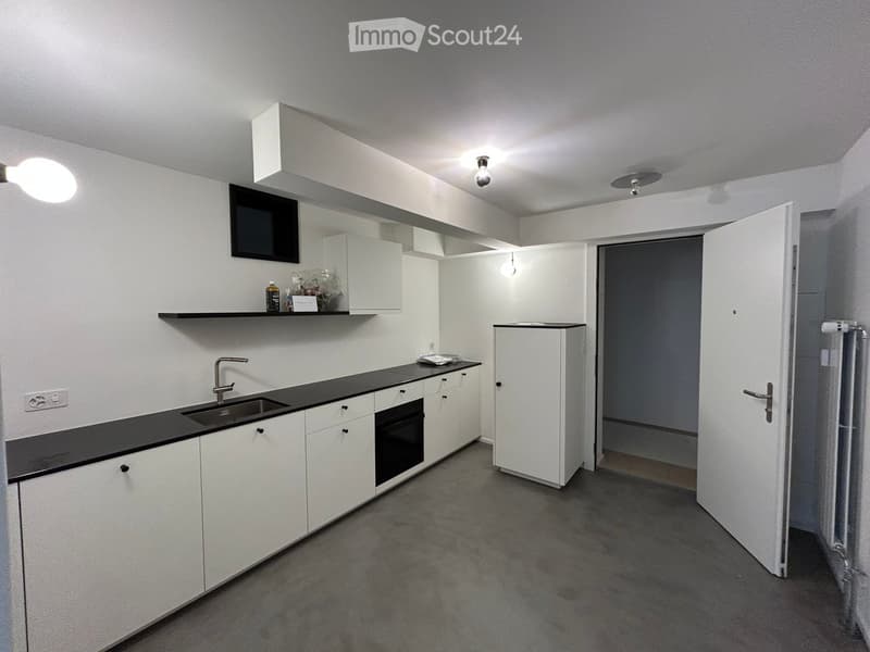 Modern kitchen with white cabinets, black countertop, stainless steel sink, and built-in oven. Features include a refrigerator, overhead lighting, and a small shelf with items.
