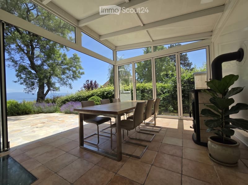 Bright, airy dining area with large glass walls offering a scenic view, featuring a wooden dining table, chairs, a fireplace, and a potted plant.