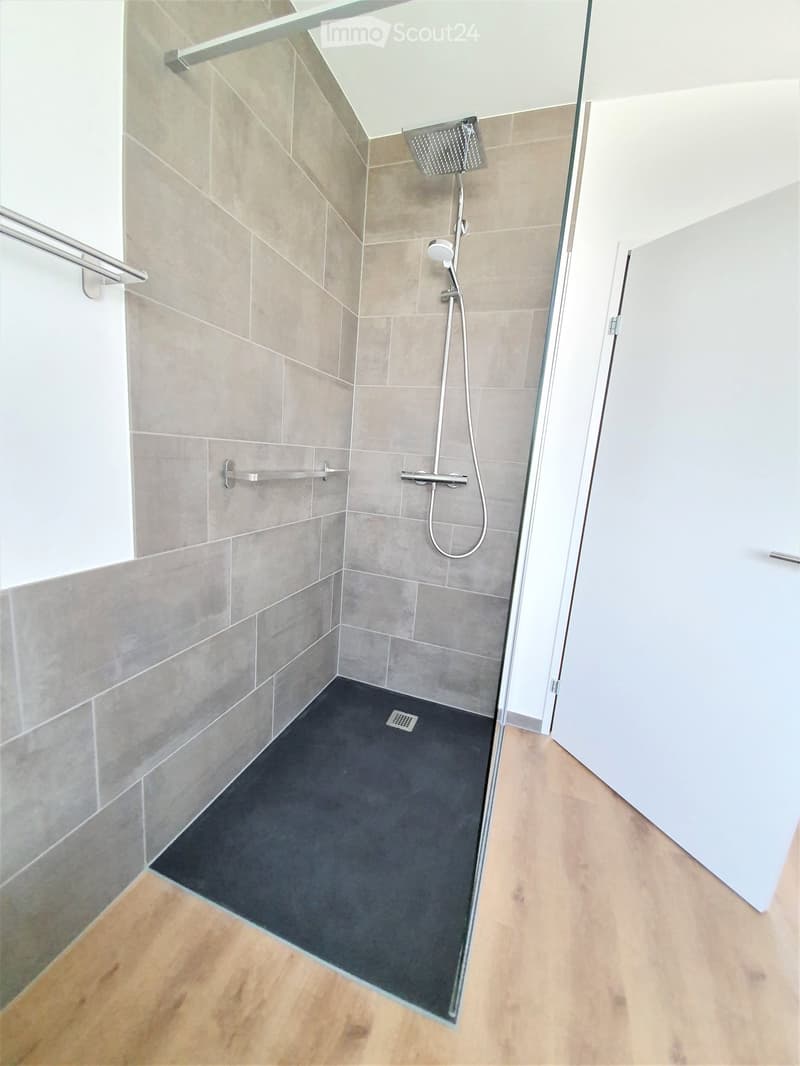 Modern walk-in shower with grey tiles, glass door, and built-in showerhead and handrail.