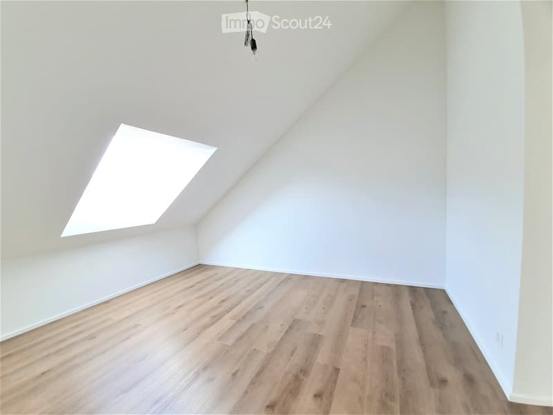 Empty room with light wooden flooring, white walls, and a skylight window in the ceiling.