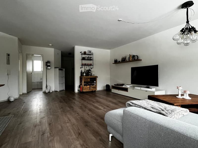 Modern living room with wooden flooring, a grey sofa, a wooden coffee table, a flat-screen TV on a white cabinet, and a shelf with decorative items.