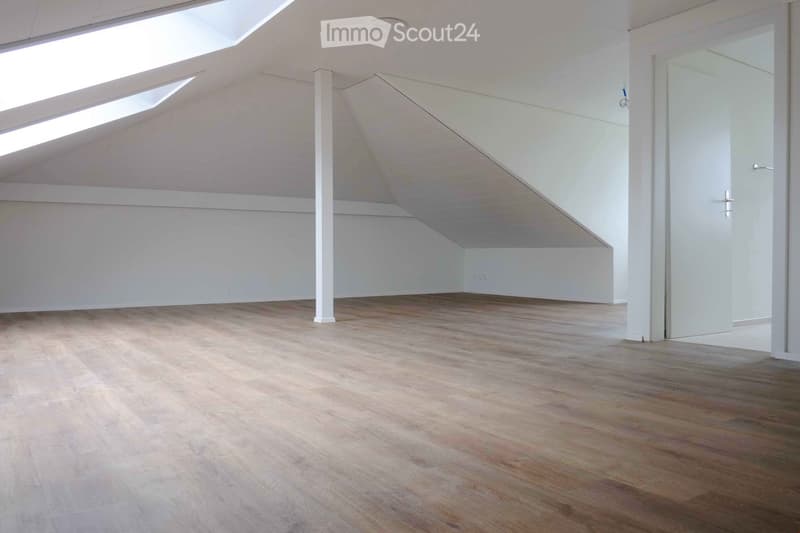 Empty room with wooden flooring, white walls, and a skylight ceiling. No furniture or equipment present.