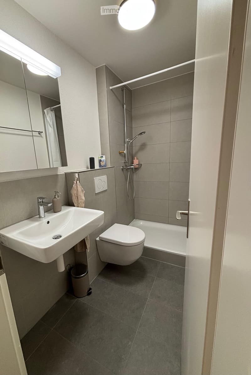 Modern bathroom with a sink, toilet, bathtub, and shower area. Features a large mirror with built-in lighting, a towel hanging on a rack, and a soap dispenser on the sink counter.